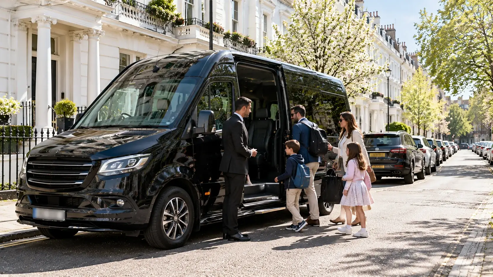 Black 12-seater executive minibus on a London residential street with passengers boarding