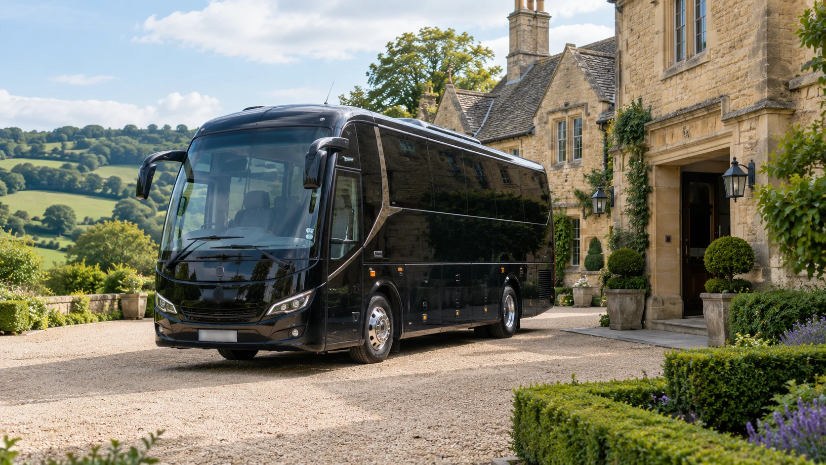 Black midi coach outside a stone country house in the English countryside