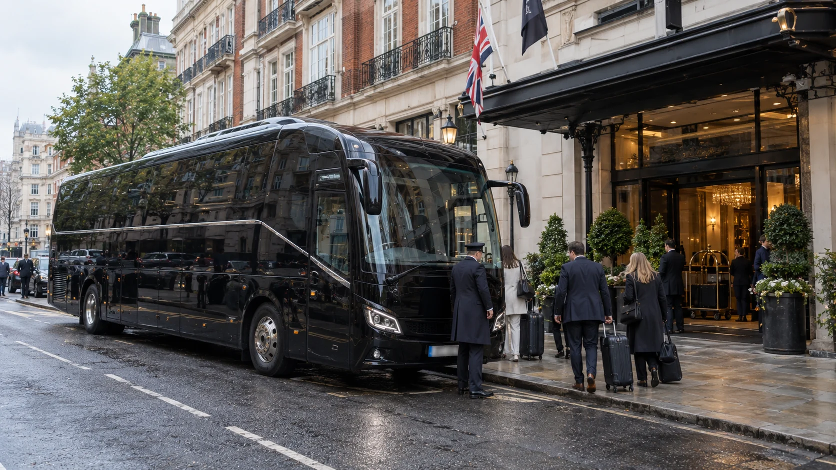 Black executive coach outside a London hotel entrance