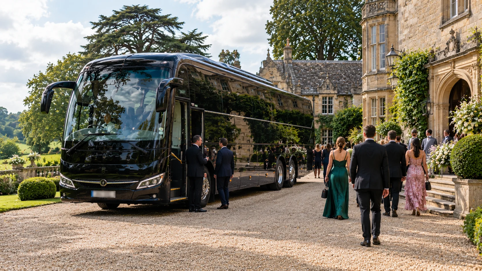 Black luxury coach on a country manor driveway