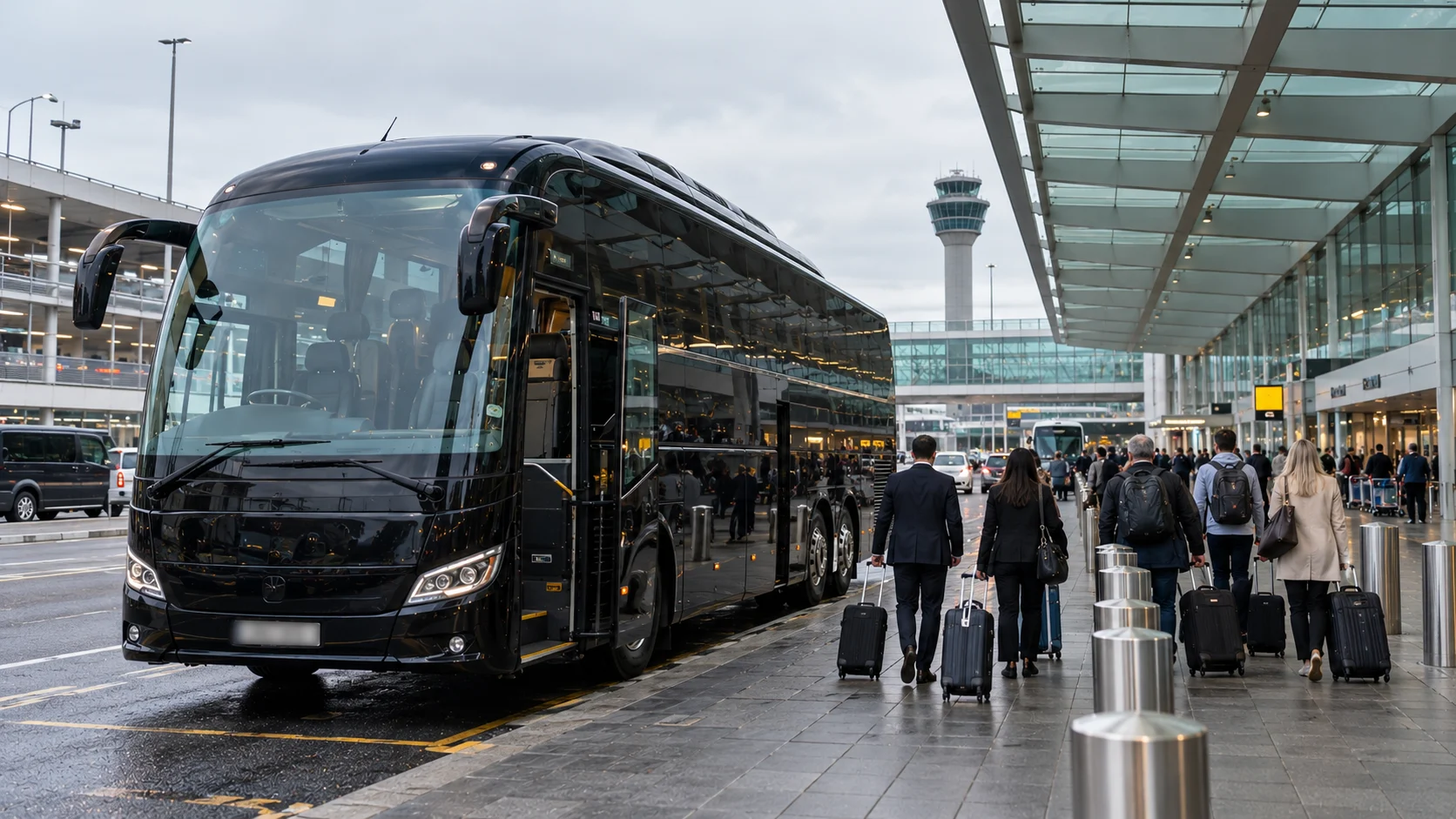 Travellers with luggage walking to a black coach at an airport terminal