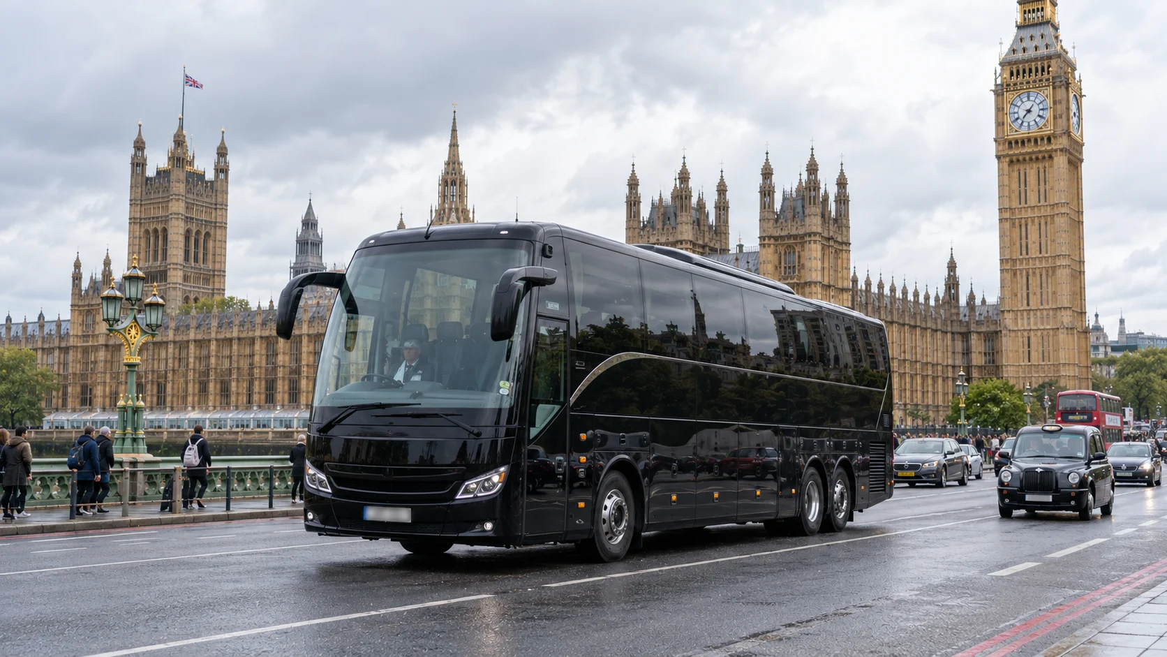 Black executive coach beside the Houses of Parliament at dusk