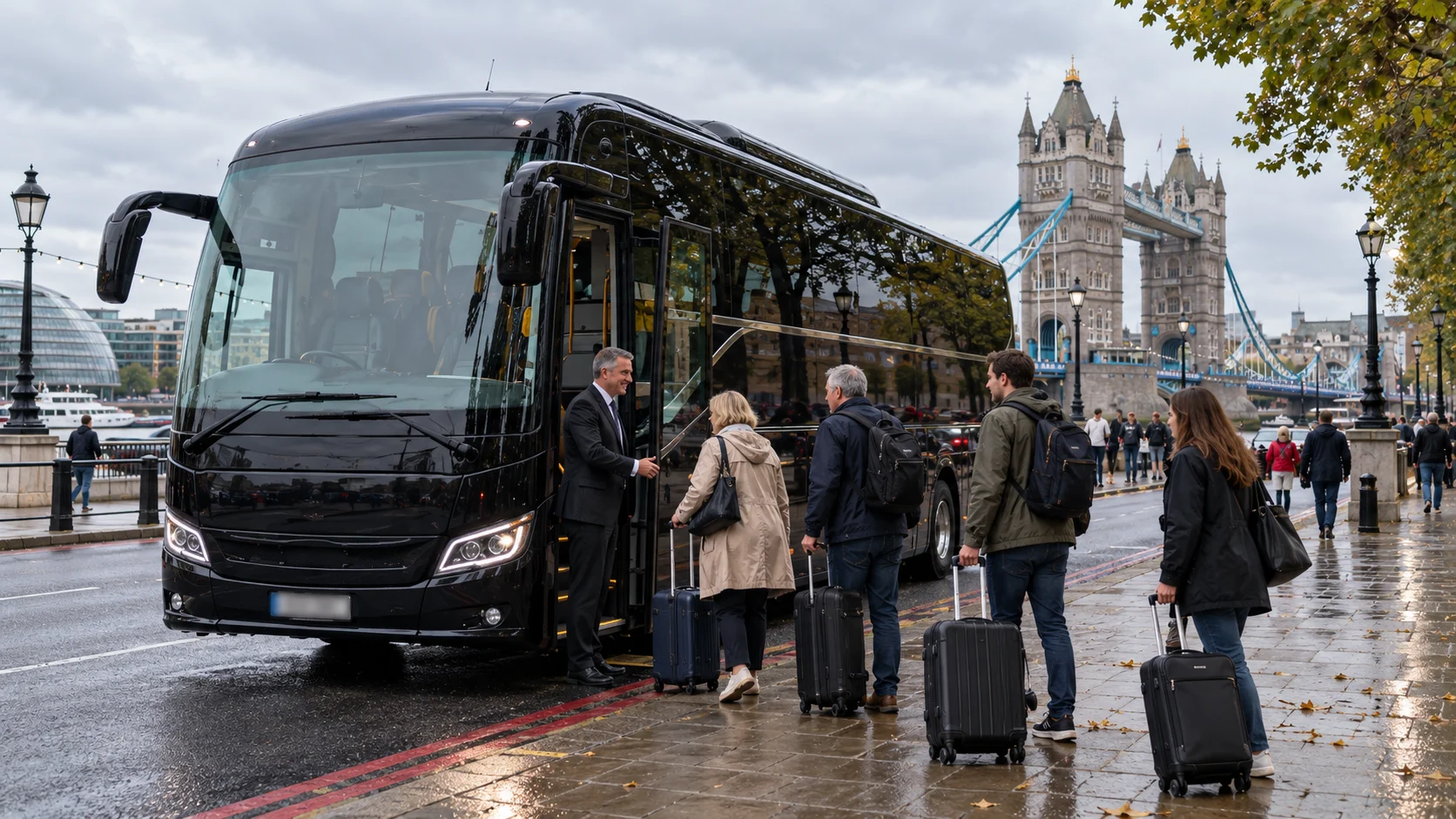 Driver welcoming passengers boarding a black coach